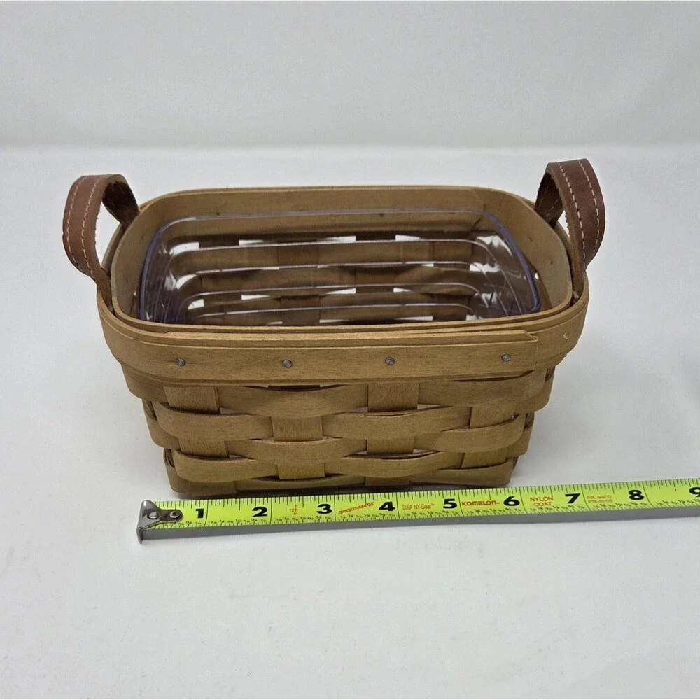 Longaberger 2003 Small Handwoven Basket Leather Handles Plastic‎ Protector EUC